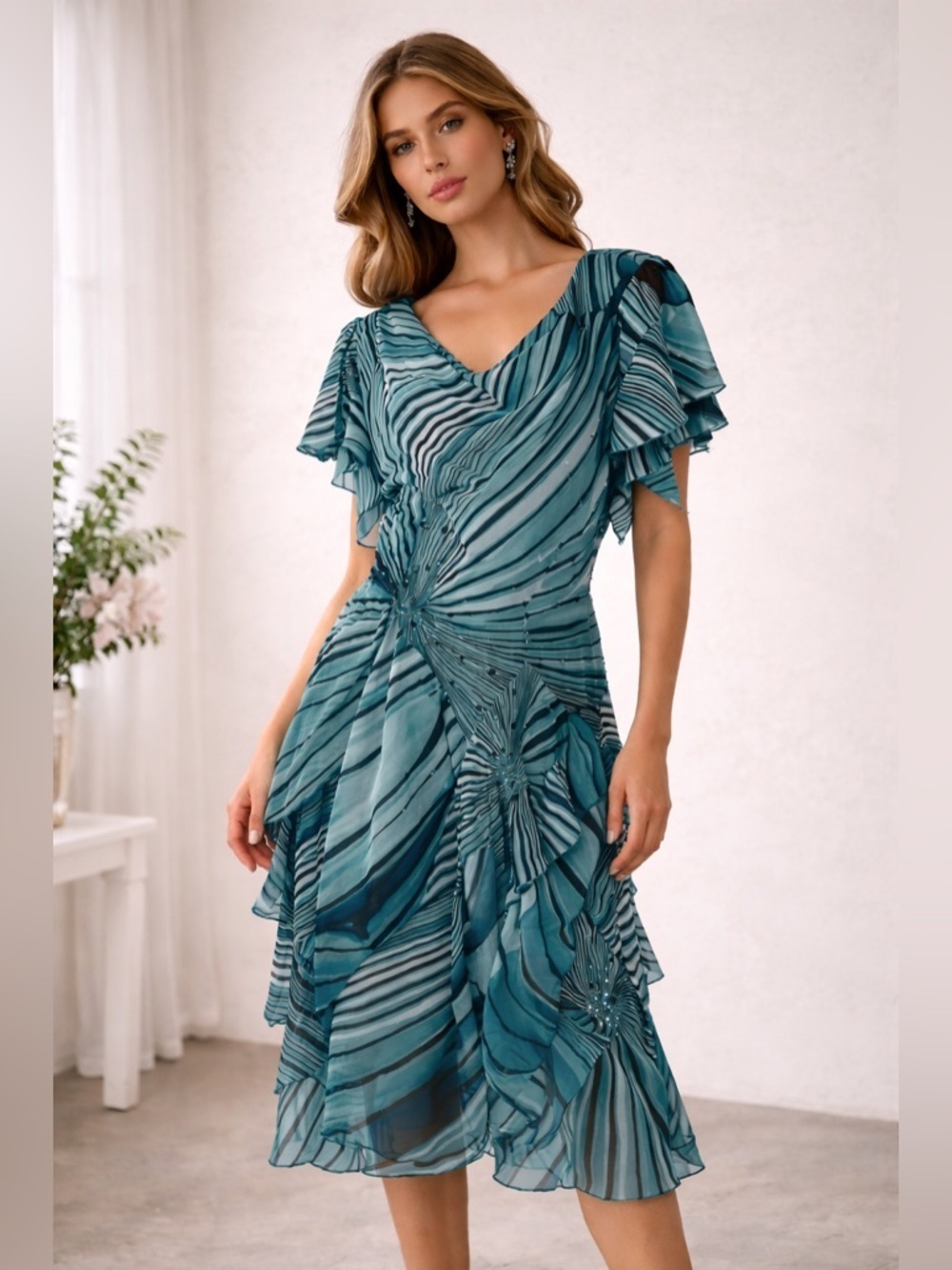 Vintage Robbie Bee Teal Abstract Chiffon Occasion Dress Size 14